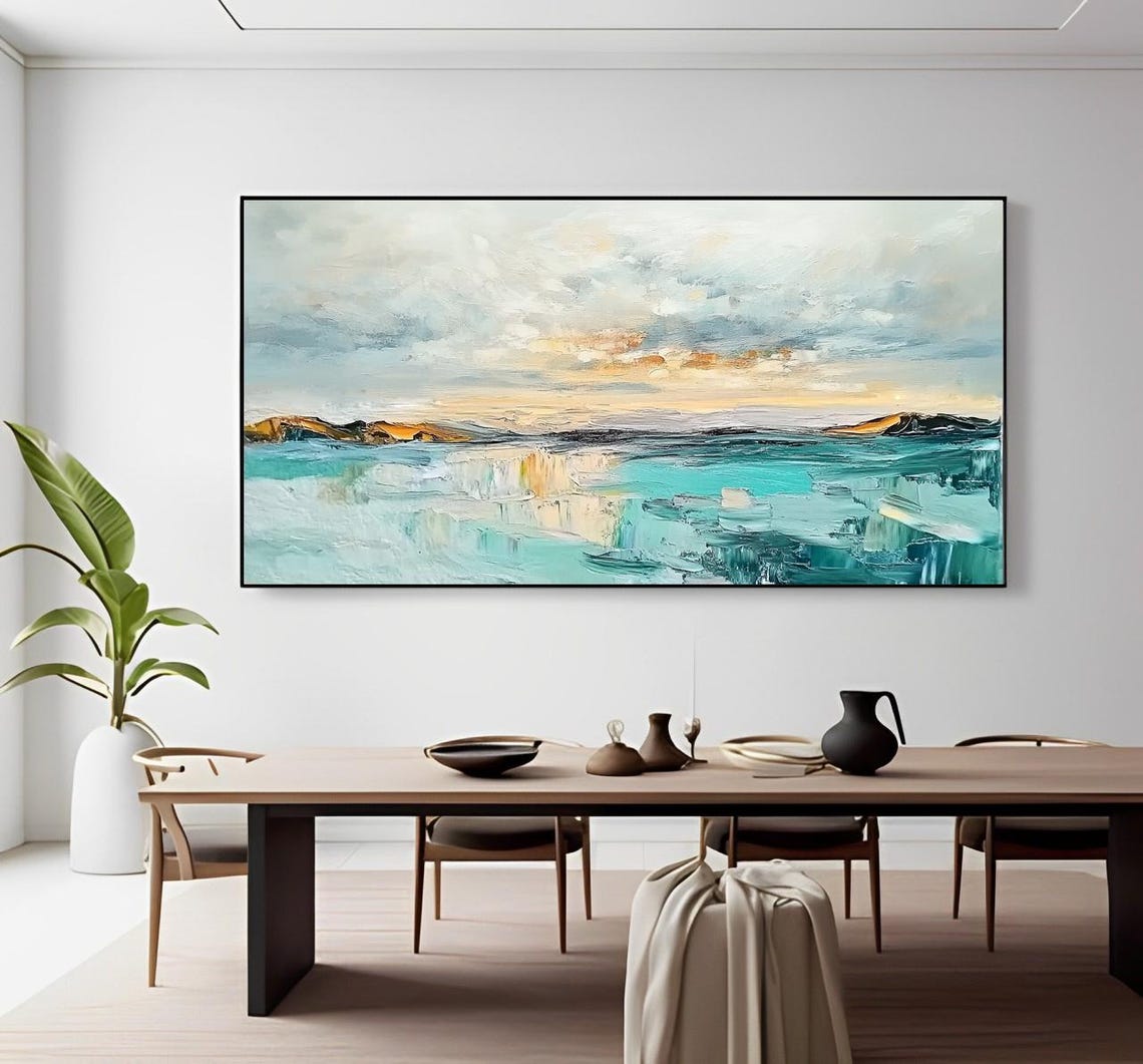 Turquoise Lakeside Sunset Abstract Reflection Painting Poster - Image 6