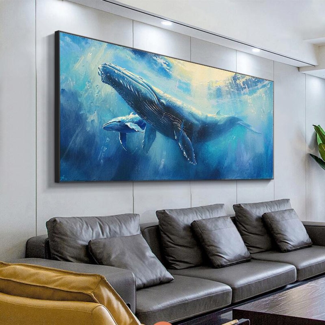 Abstract Blue Whale Ocean Art Print, Sunlit Oil Painting - Image 4