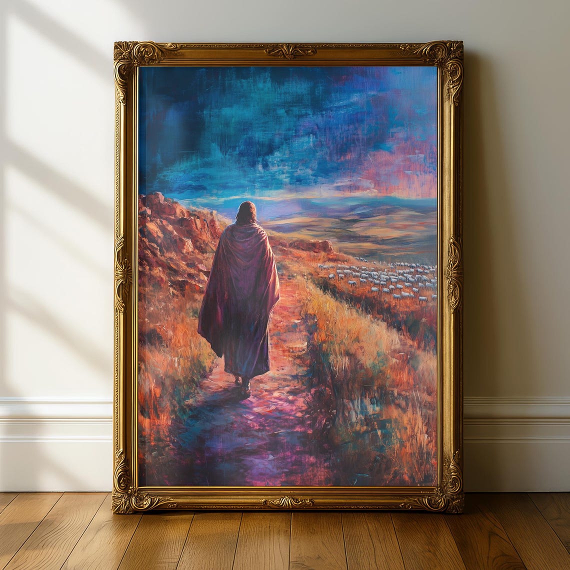 Good Shepherd Twilight Path Flock Jesus Walking Christian Art Poster