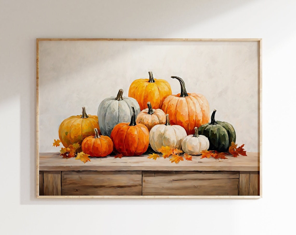 Fall Pumpkins on Rustic Wooden Table Harvest Still Life Decor Poster