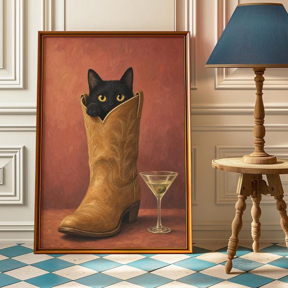 Black Cat Cowboy Boot Martini Poster Funny Bar Cart Wall Art Quirky Western Print