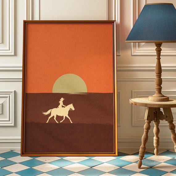 Cowboy Sunset Art Print Retro Western Horse Poster Desert Horizon Decor