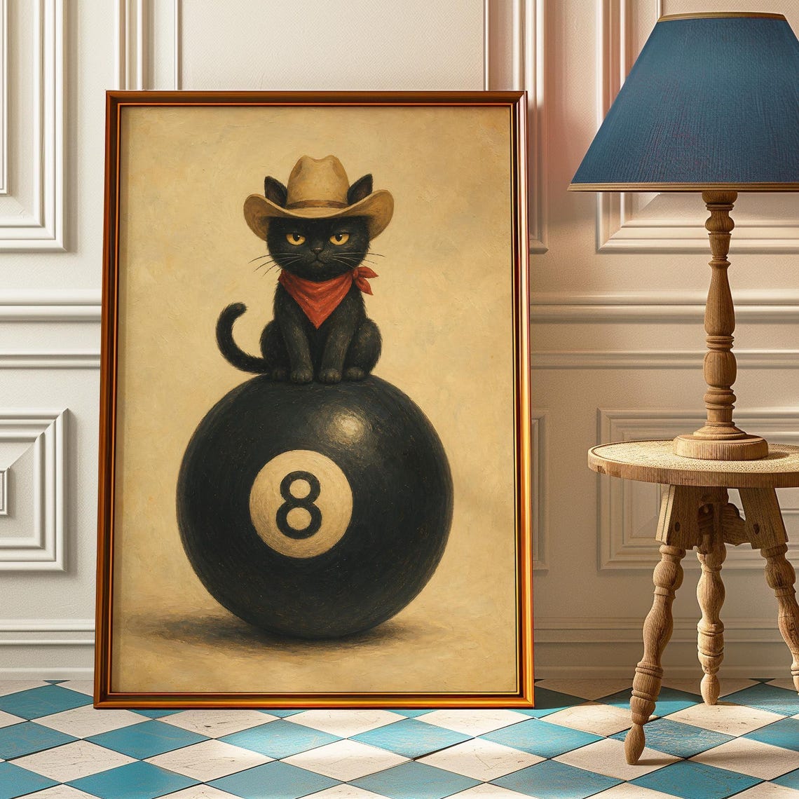 Retro Cowboy Cat 8 Ball Poster Game Room Wall Art Billiards Bar Decor Quirky Black Western Print