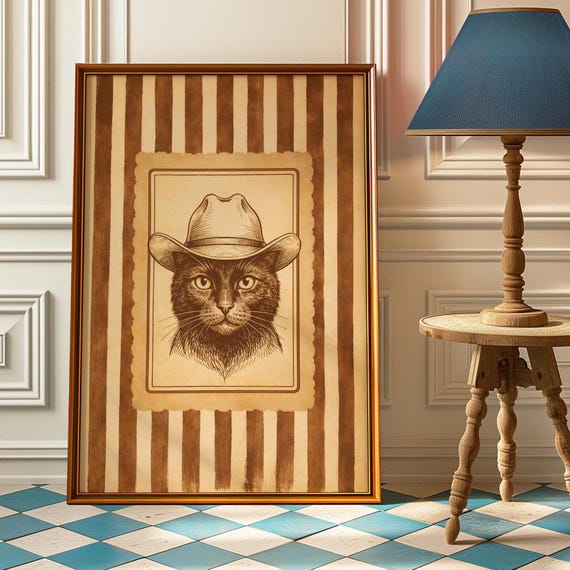 Cowboy Cat Portrait Poster Black Western Wall Art Vintage In Hat Print Rustic Country Decor