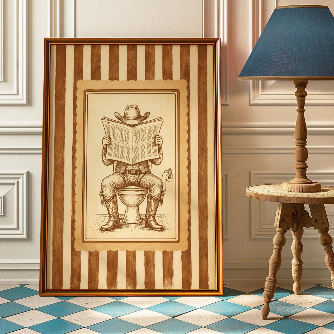 Cowboy Reading Newspaper on Toilet Funny Western Bathroom Poster