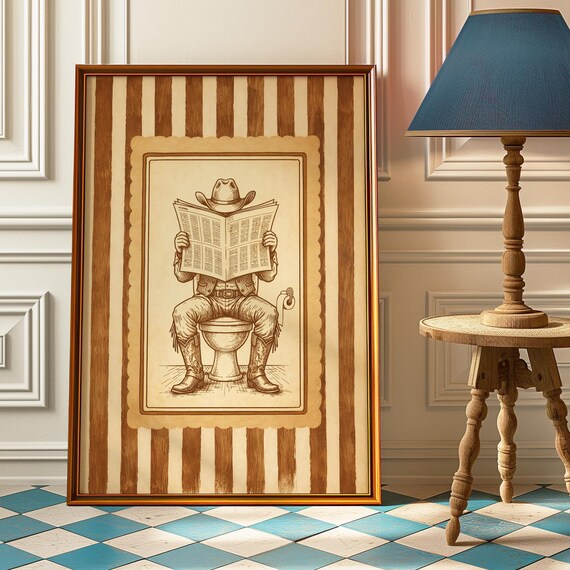 Cowboy Reading Newspaper on Toilet Funny Western Bathroom Poster