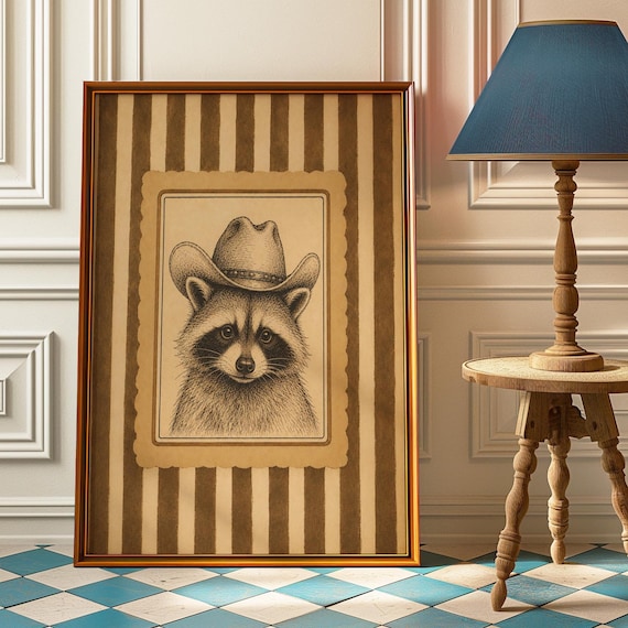 Raccoon Wearing Cowboy Hat Vintage Sketch Striped Western Poster