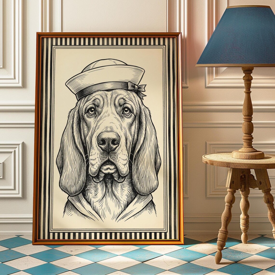Bloodhound Sailor Hat Black Ink Portrait Striped Vintage Dog Poster