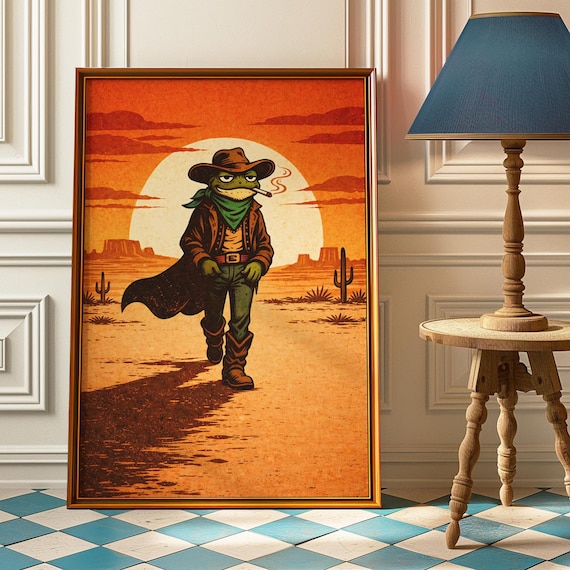 Vintage Western Sunset Cowboy Frog Poster Retro Whimsical Smoking Wall Art Bar Cart Quirky Kitchen Decor Rustic Apartment Gift