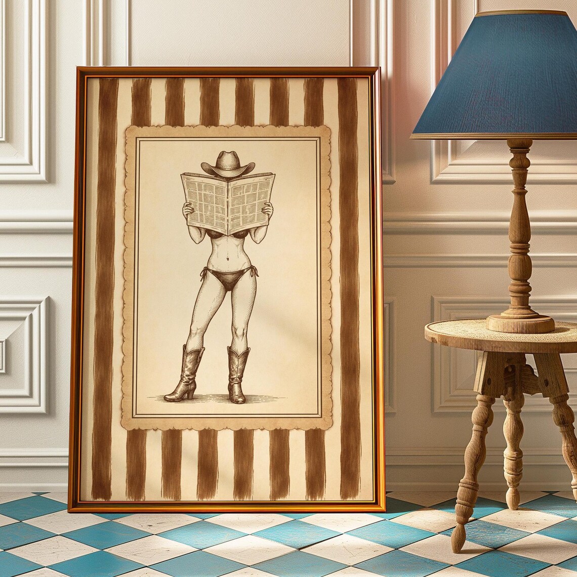 Cowgirl Reading Newspaper Vintage Pin Up Stamp Style Art Poster