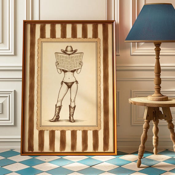 Cowgirl Reading Poster Funny Bathroom Wall Art Vintage Western Bikini Print Quirky Powder Room Decor