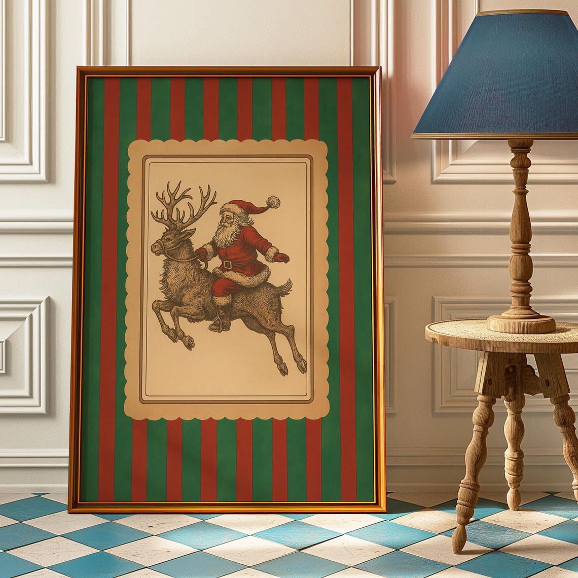 Vintage Santa Claus Riding Reindeer Christmas Striped Poster