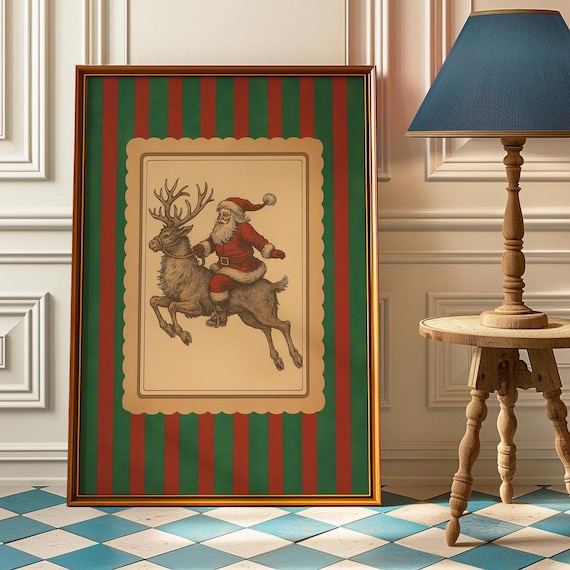 Vintage Santa Claus Riding Reindeer Christmas Striped Poster