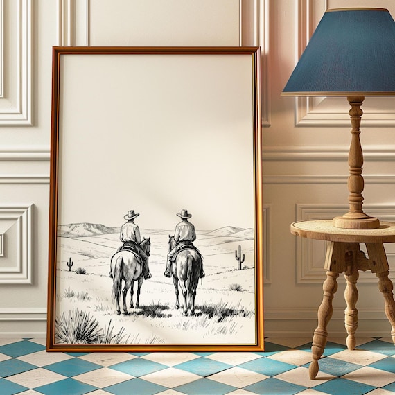 Two Cowboys Riding Horses Desert Cactus Sketch Western Art Print