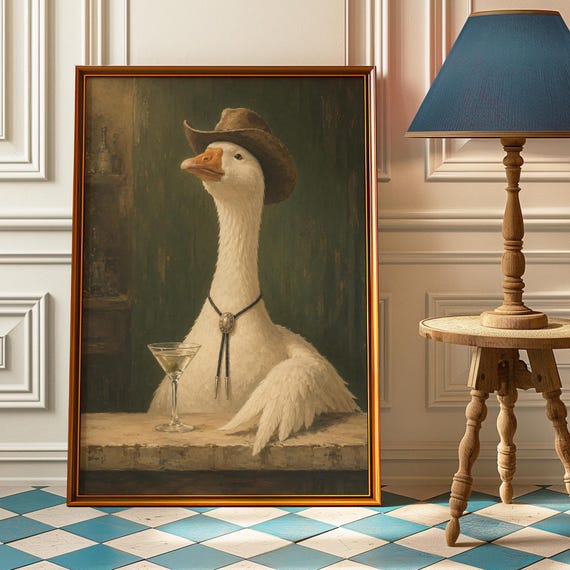 Cowboy Goose Bar Wall Art Funny Vintage Western Duck Martini Poster Silly Decor Quirky Country Kitchen Gift