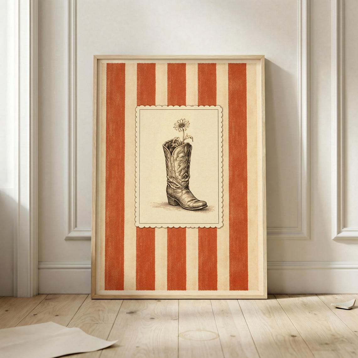 Cowboy Boot Daisy Sketch Rust Stripes Western Vintage Poster