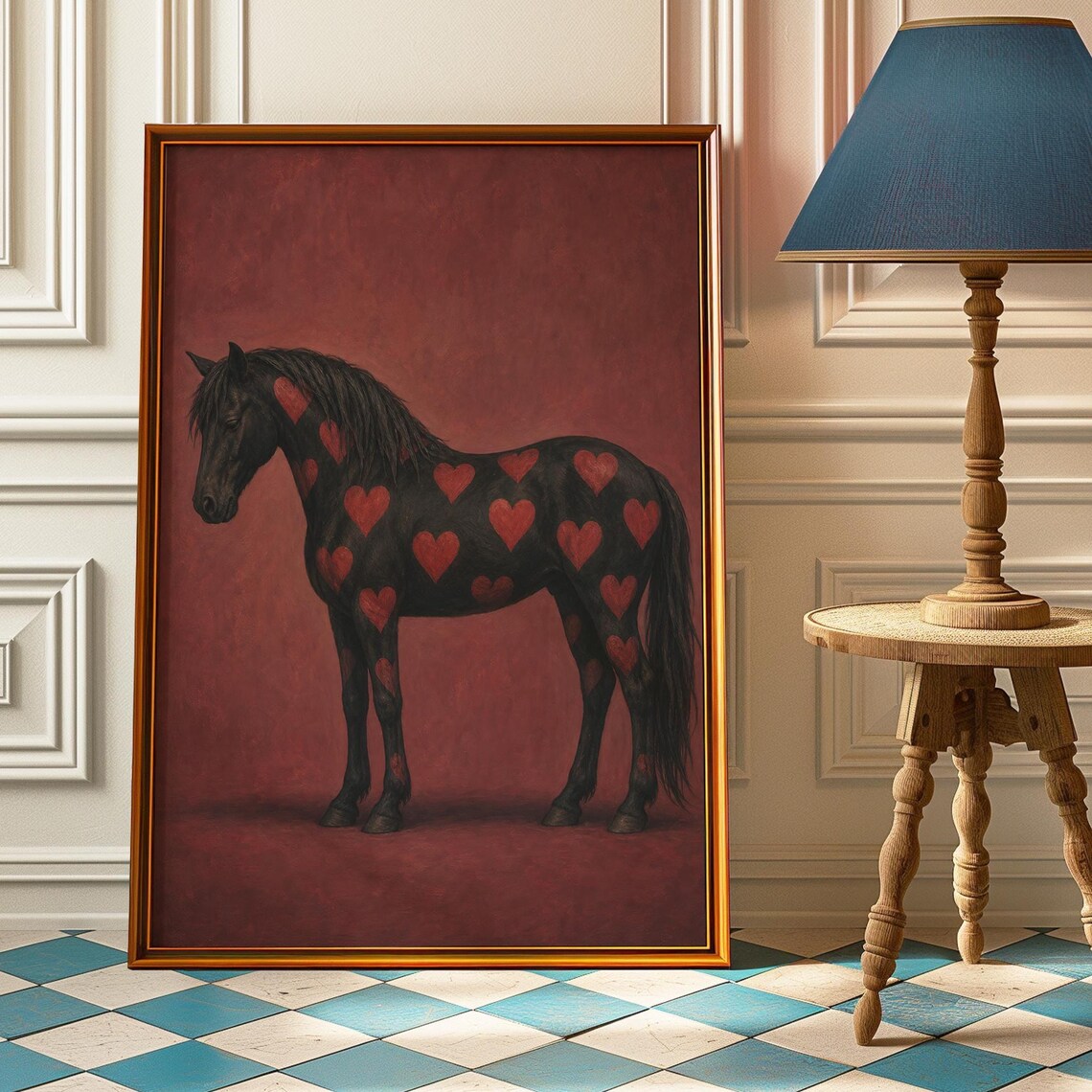 Black Horse Red Hearts Poster, Moody Equestrian Art