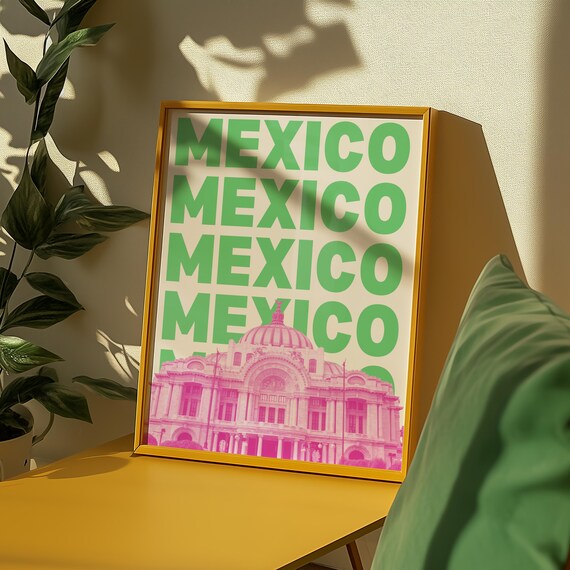 Mexico City Palacio De Bellas Artes Pink Green Bold Typography Poster