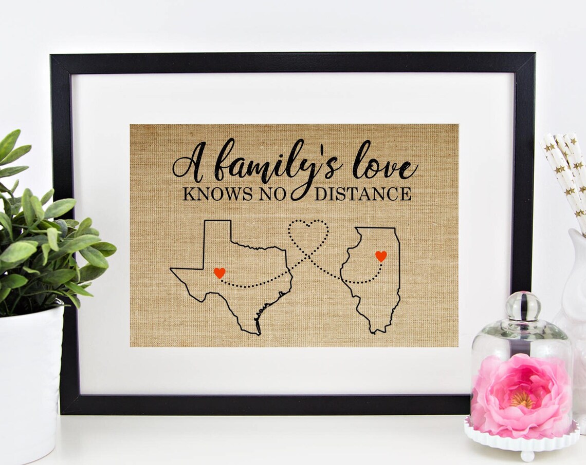 A Family's Love Knows No Distance Two States Map Burlap Wall Poster