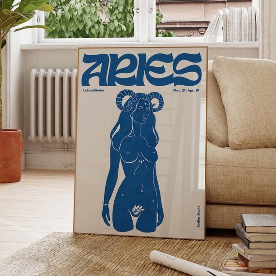 Blue Retro Aries Wall Art Posterprintable Artminimalist Trendy Astrology Artaries Print Zodiac