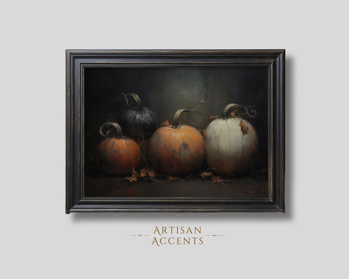 Moody Black And Orange Pumpkins Dark Fall Still Life Oil Painting