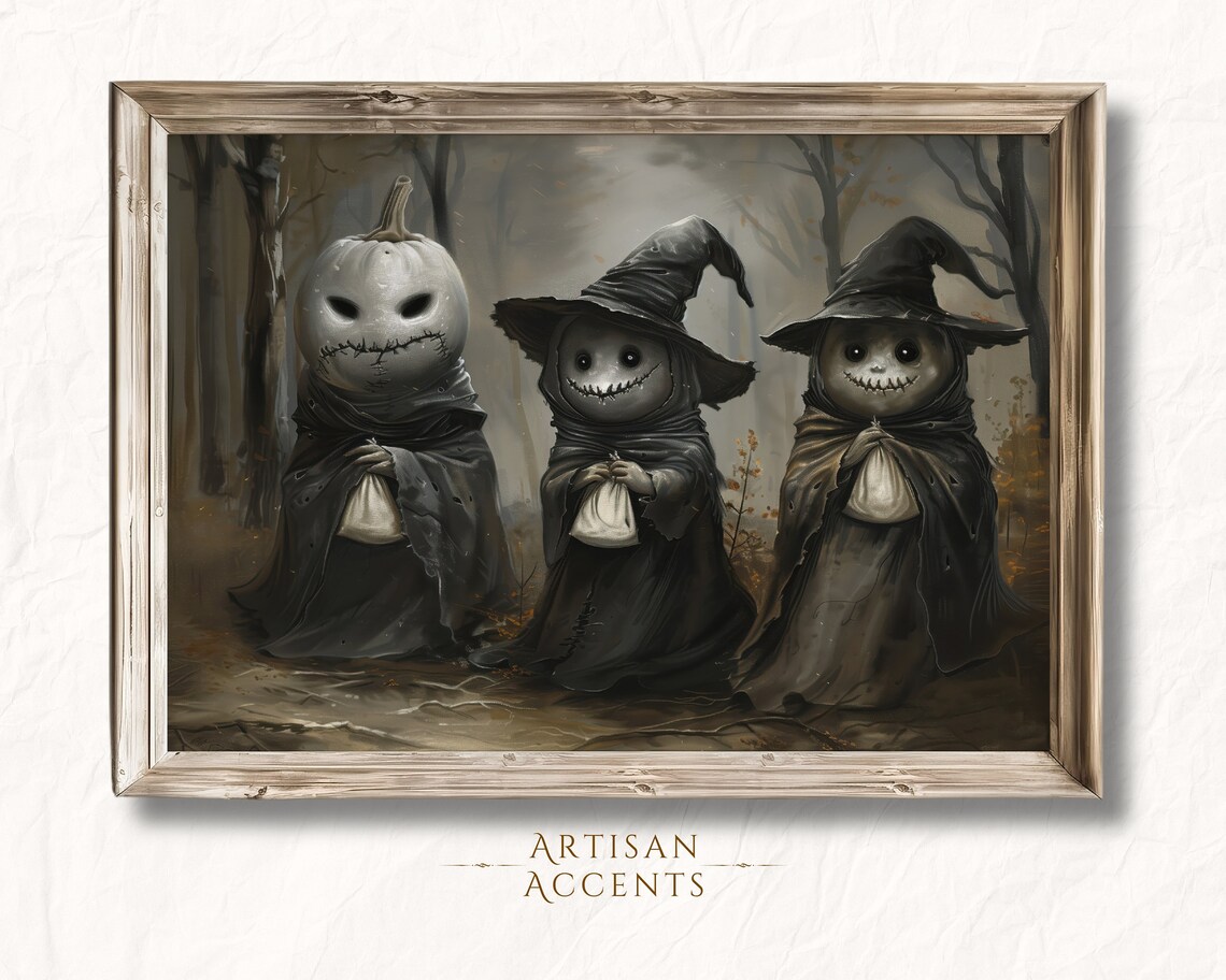 Cute Monsters Trick Or Treating Misty Forest Whimsical Halloween Art Poster - Image 5