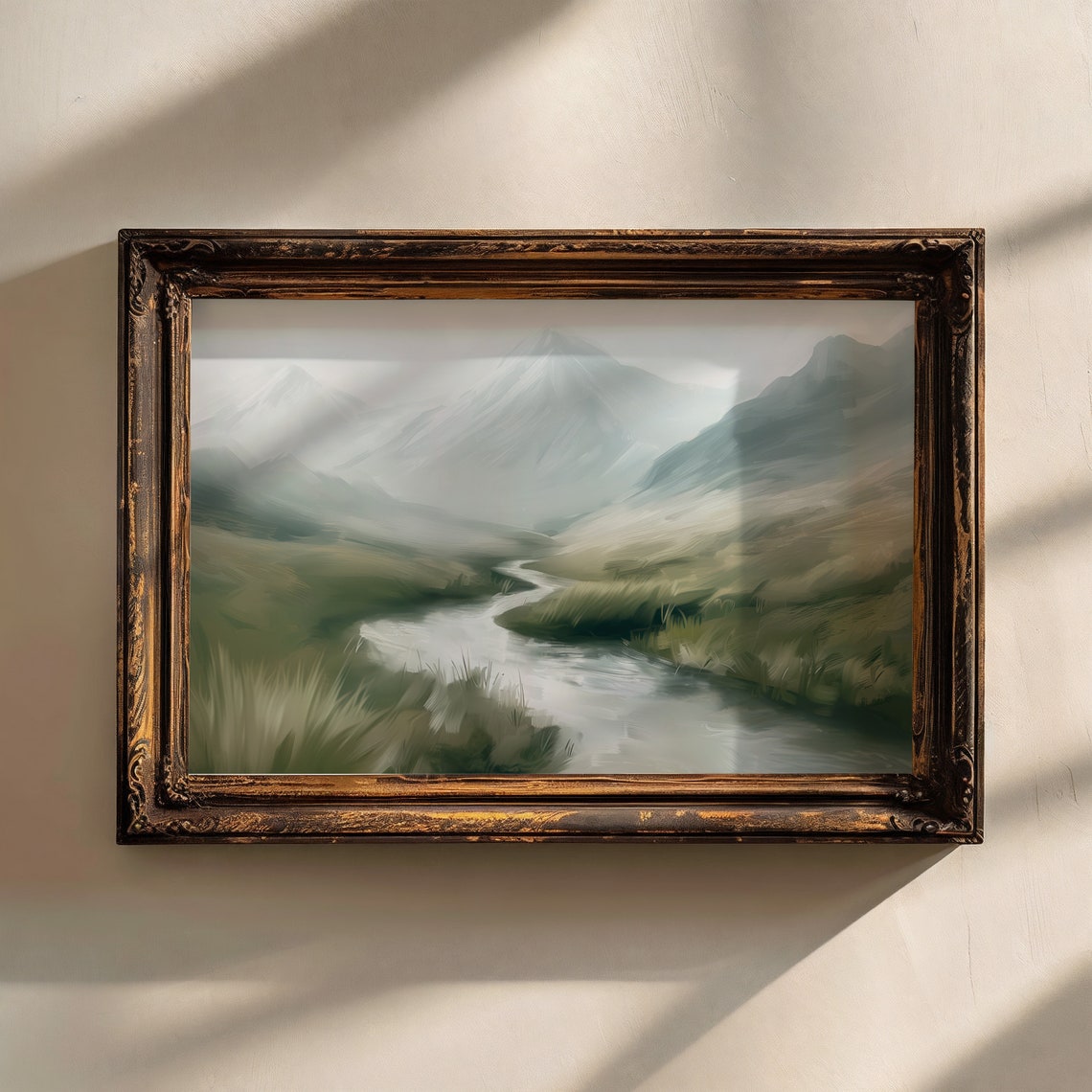 Winding River Green Valley Misty Mountains Soft Sage Landscape Poster - Image 3