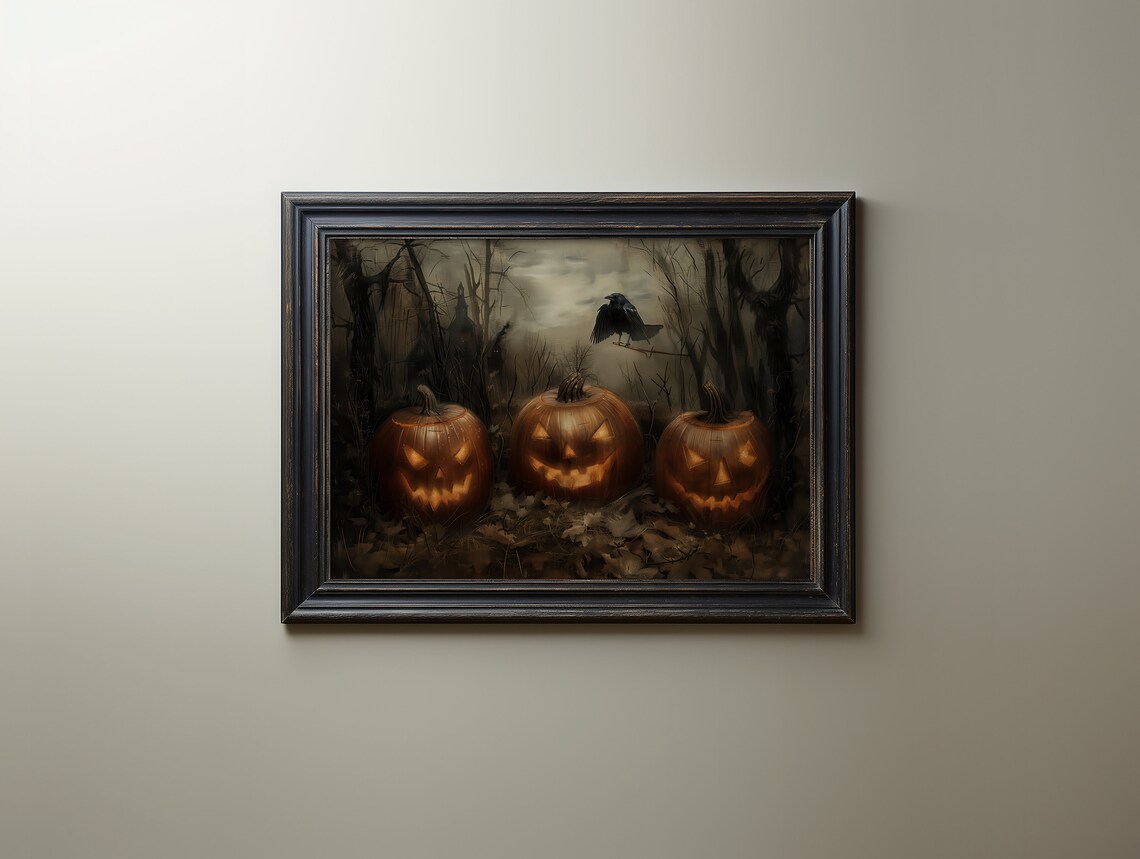 Jack O Lanterns Dark Forest Crow Halloween Gothic Moody Oil Painting Poster - Image 3