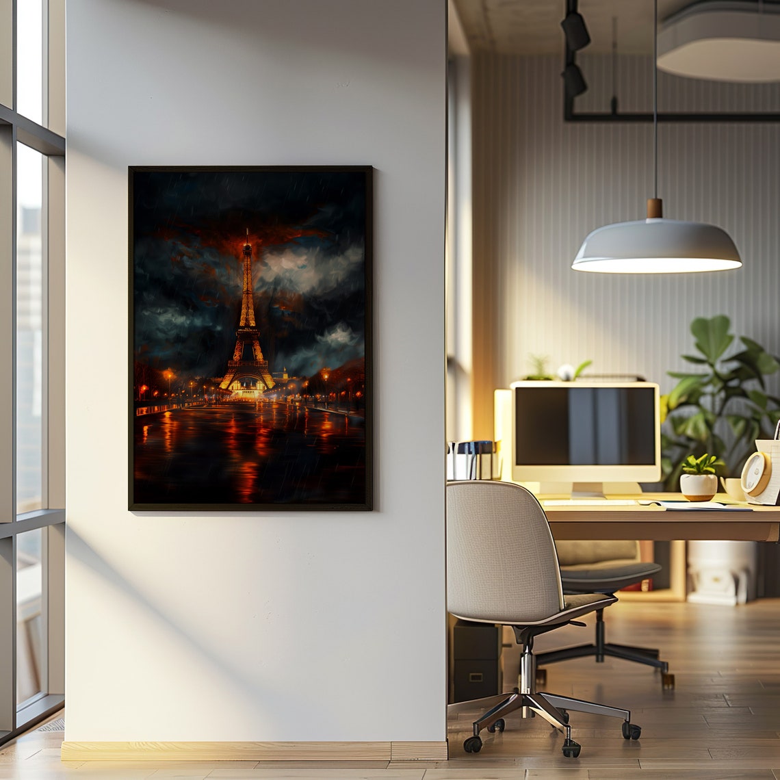 Eiffel Tower Paris Rainy Night Golden Lights Reflection Travel Poster - Image 2
