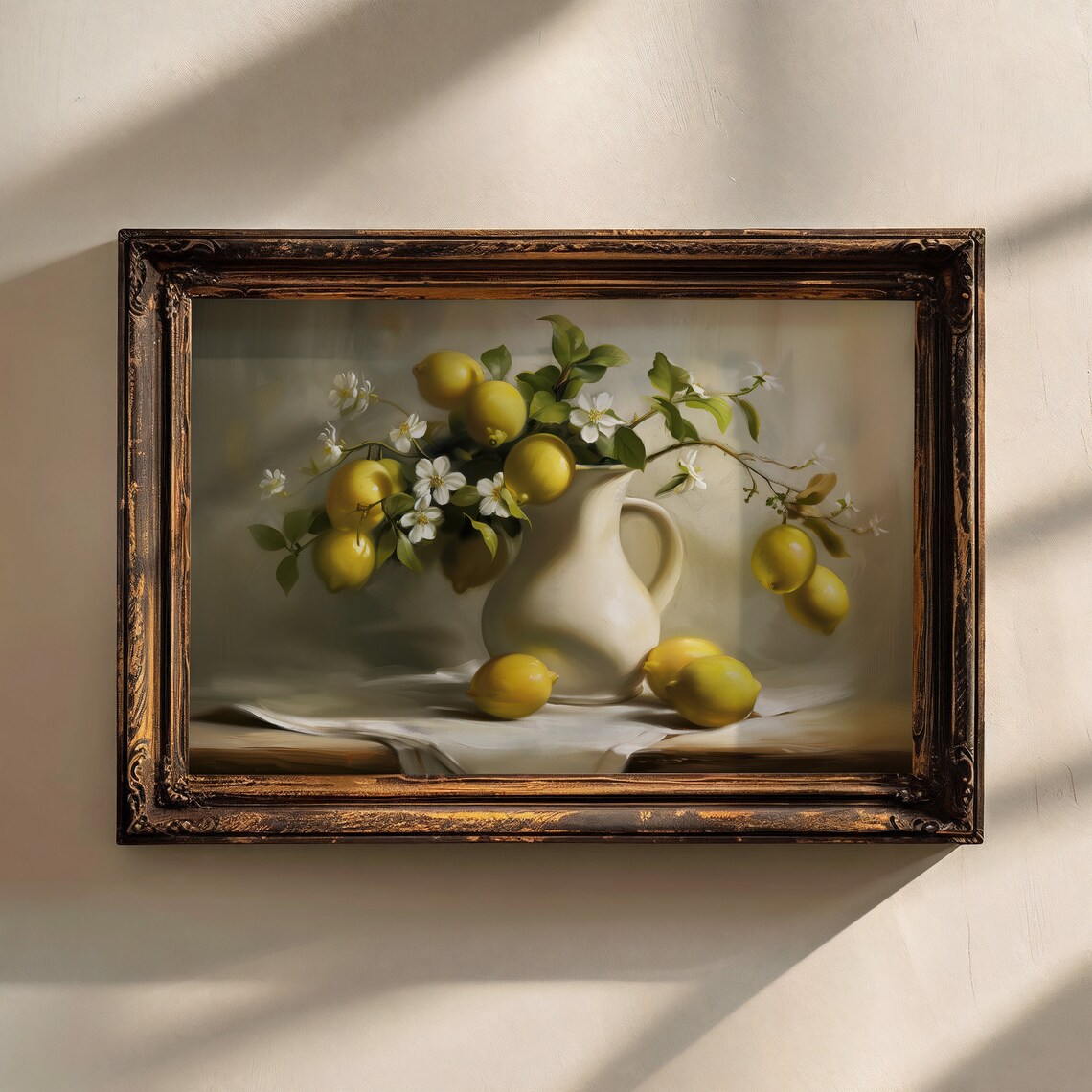 Lemons White Blossoms White Pitcher Rustic Still Life Kitchen Art Print - Image 3