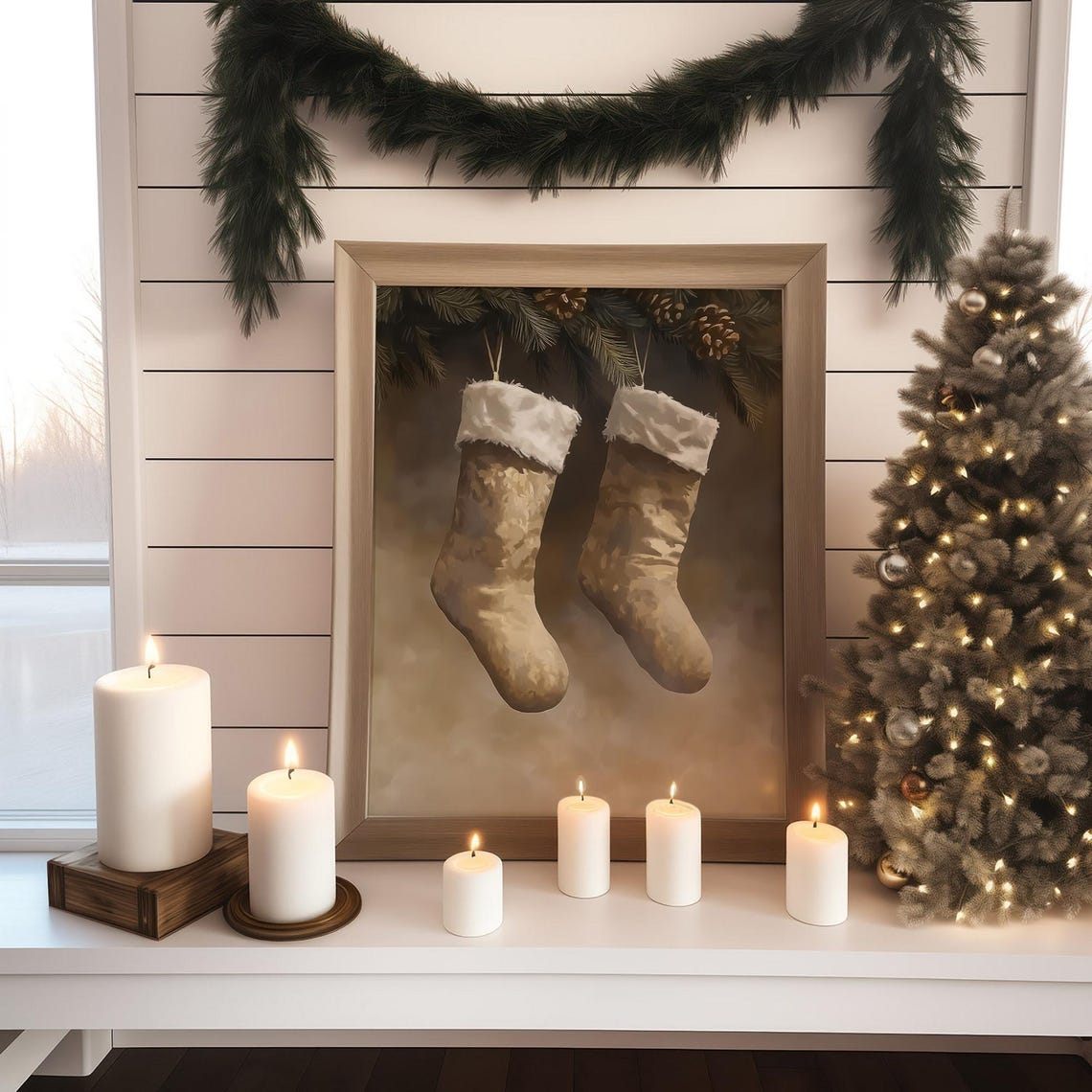 Beige Christmas Stockings Hanging On Pine Rustic Holiday Wall Art - Image 5