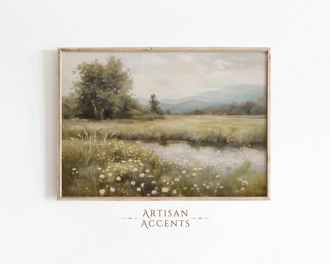Meadow Pond With Daisies Spring Wildflower Landscape Oil Painting
