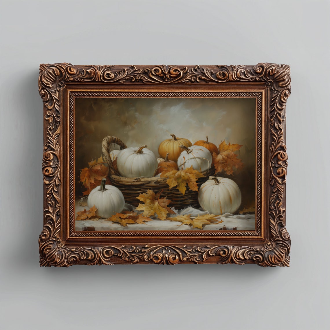 White Pumpkins Harvest Basket Autumn Leaves Rustic Fall Art Print - Image 4