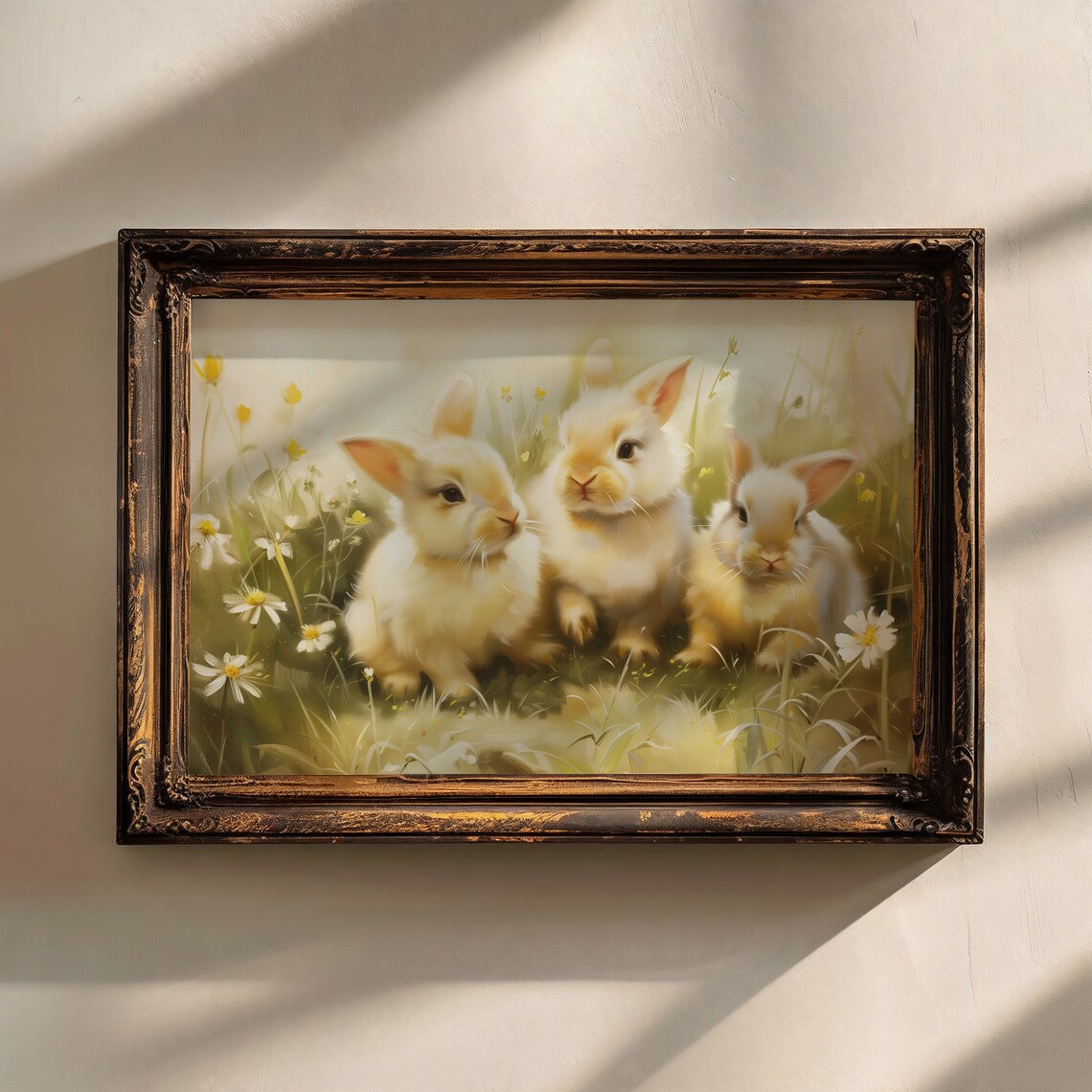 Three Baby Bunnies In Wildflower Meadow Spring Oil Painting Wall Art - Image 2