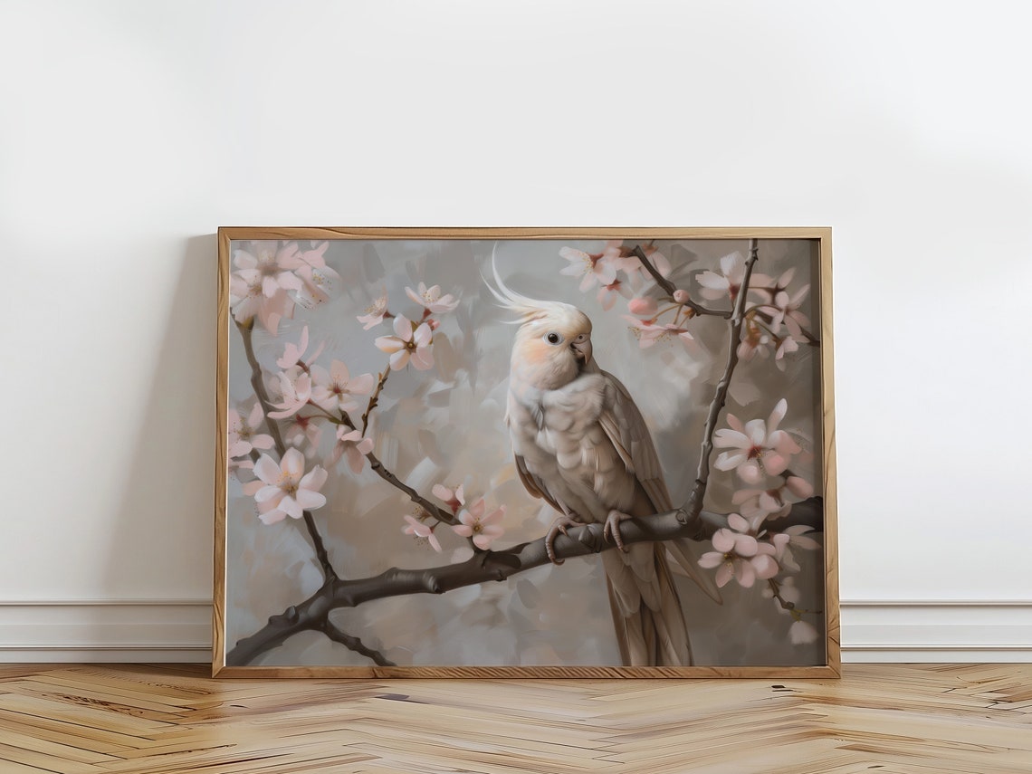 Cockatiel Cherry Blossom Branch Pink Spring Bird Painting Art Print - Image 4