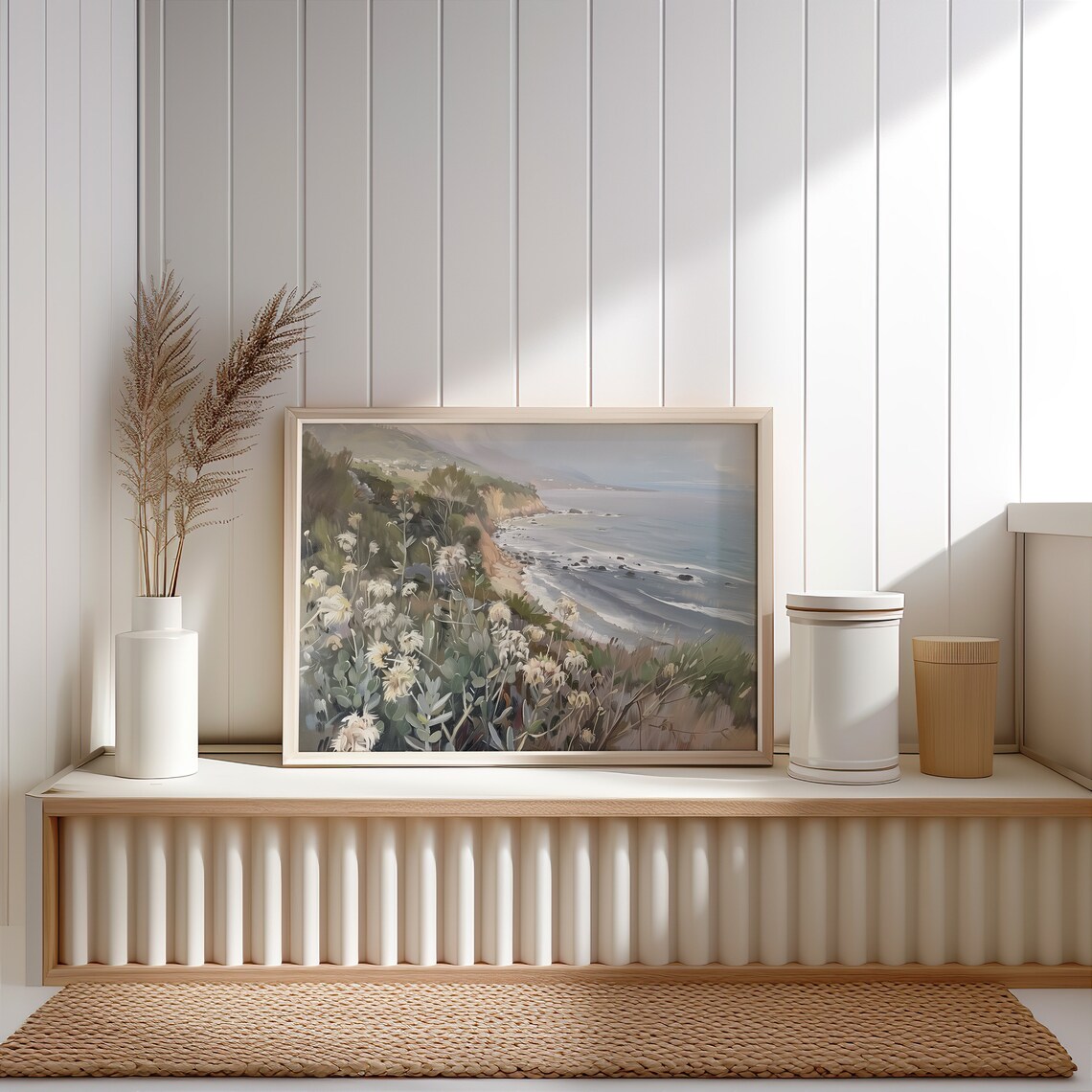California Coastal Cliffs Wildflowers Ocean View Oil Painting Wall Art - Image 4
