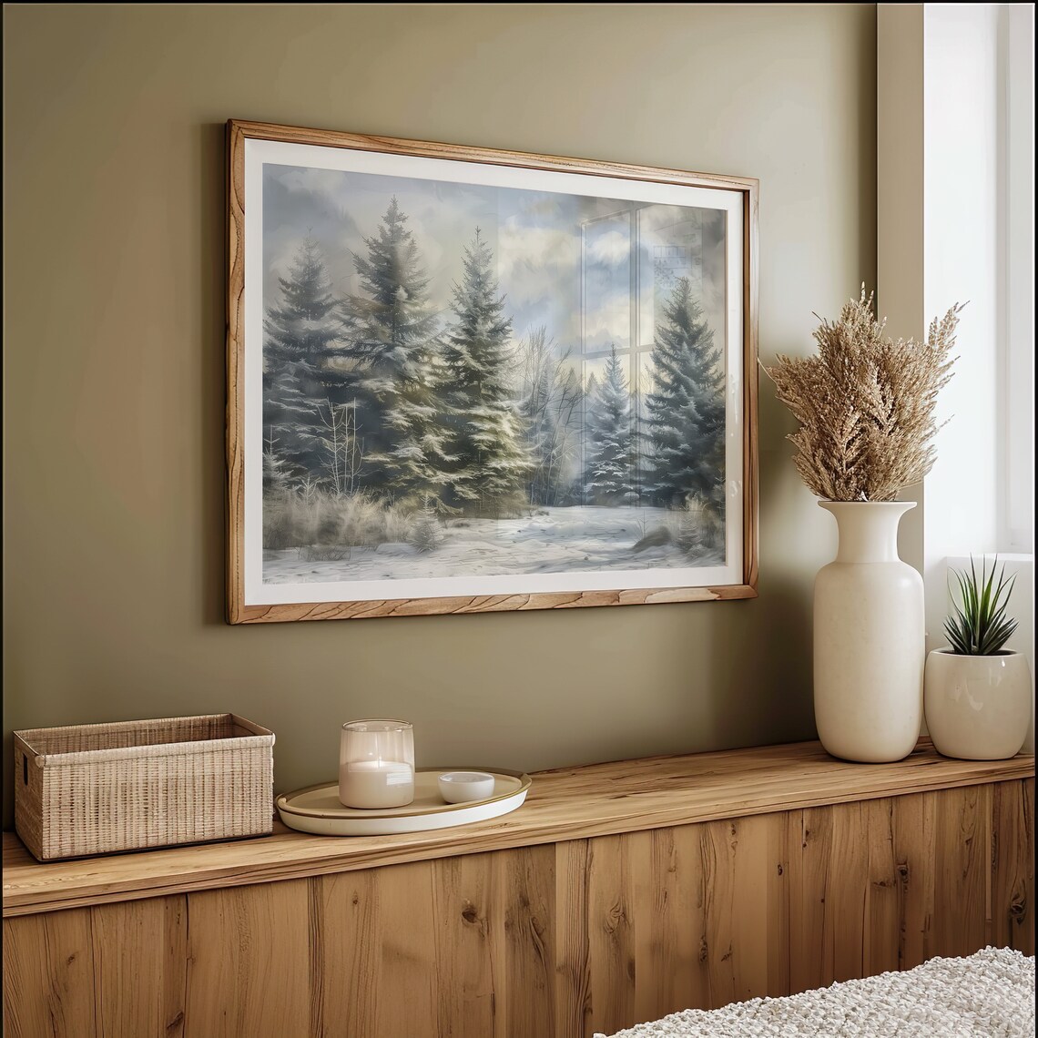 Snowy Pine Forest Winter Landscape Vintage Oil Painting Wall Art - Image 2