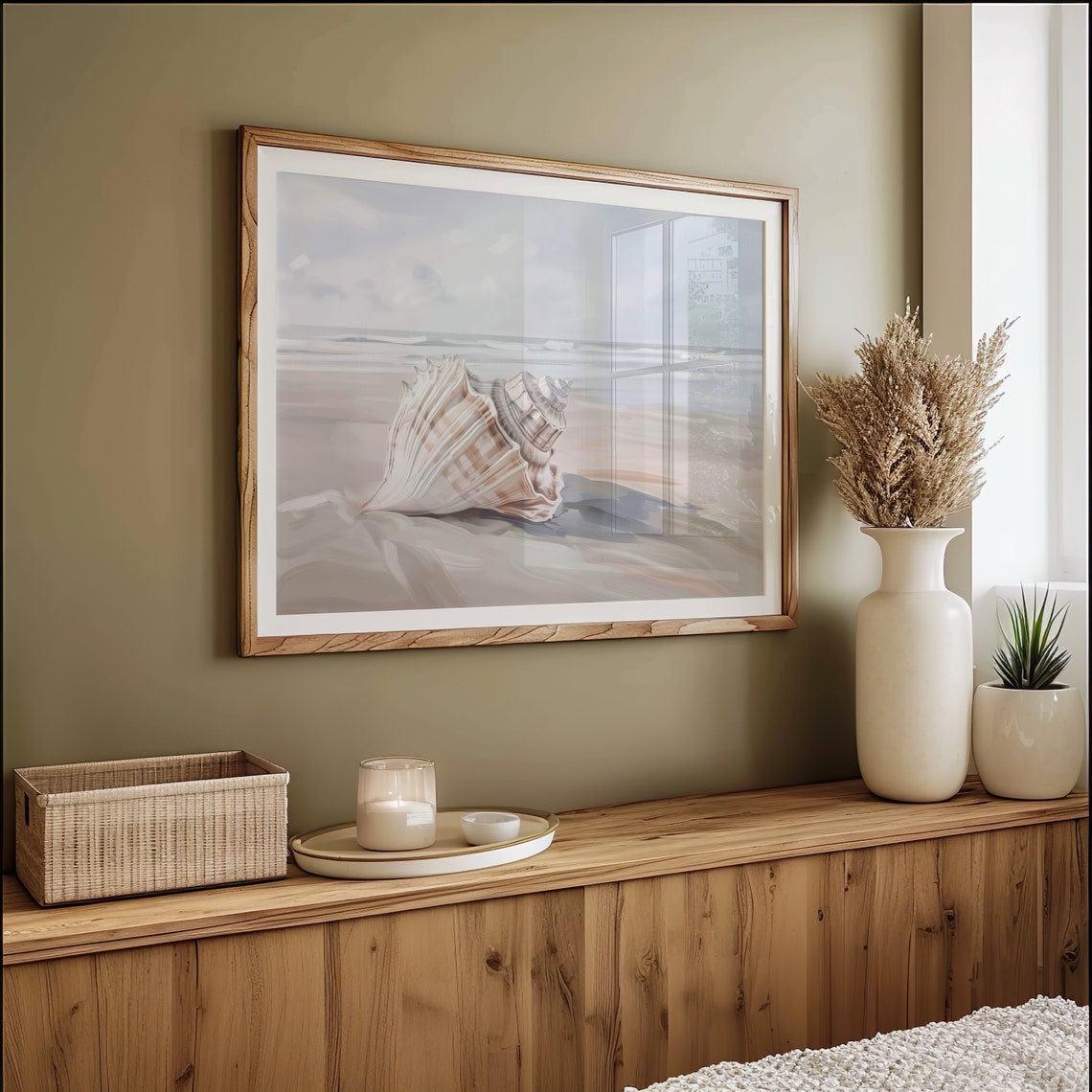 Large Seashell Resting On Sandy Beach Soft Neutral Coastal Wall Art - Image 4
