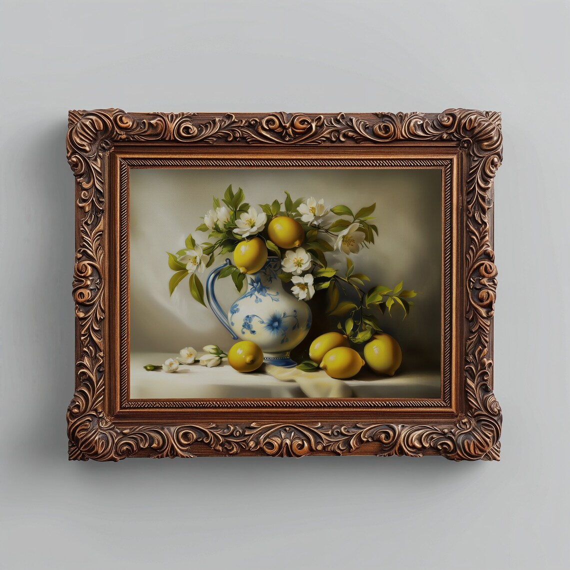 Lemons White Blossoms Blue White Porcelain Pitcher Still Life Art Print - Image 4