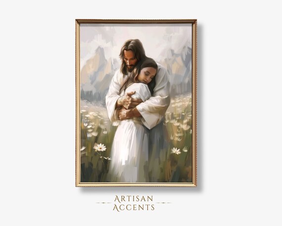Jesus Hugging Woman Daisy Field Mountains Comforting Christian Art Print