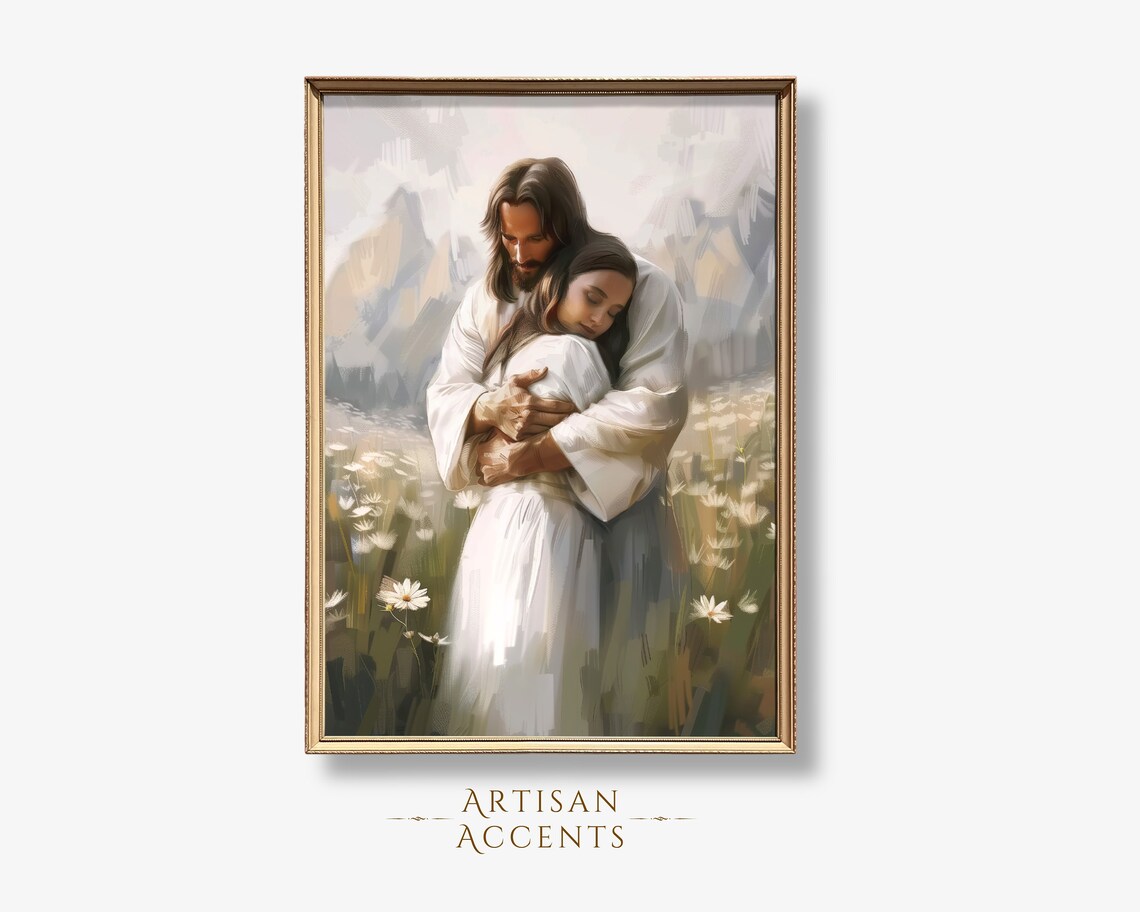 Jesus Hugging Woman Daisy Field Mountains Comforting Christian Art Print