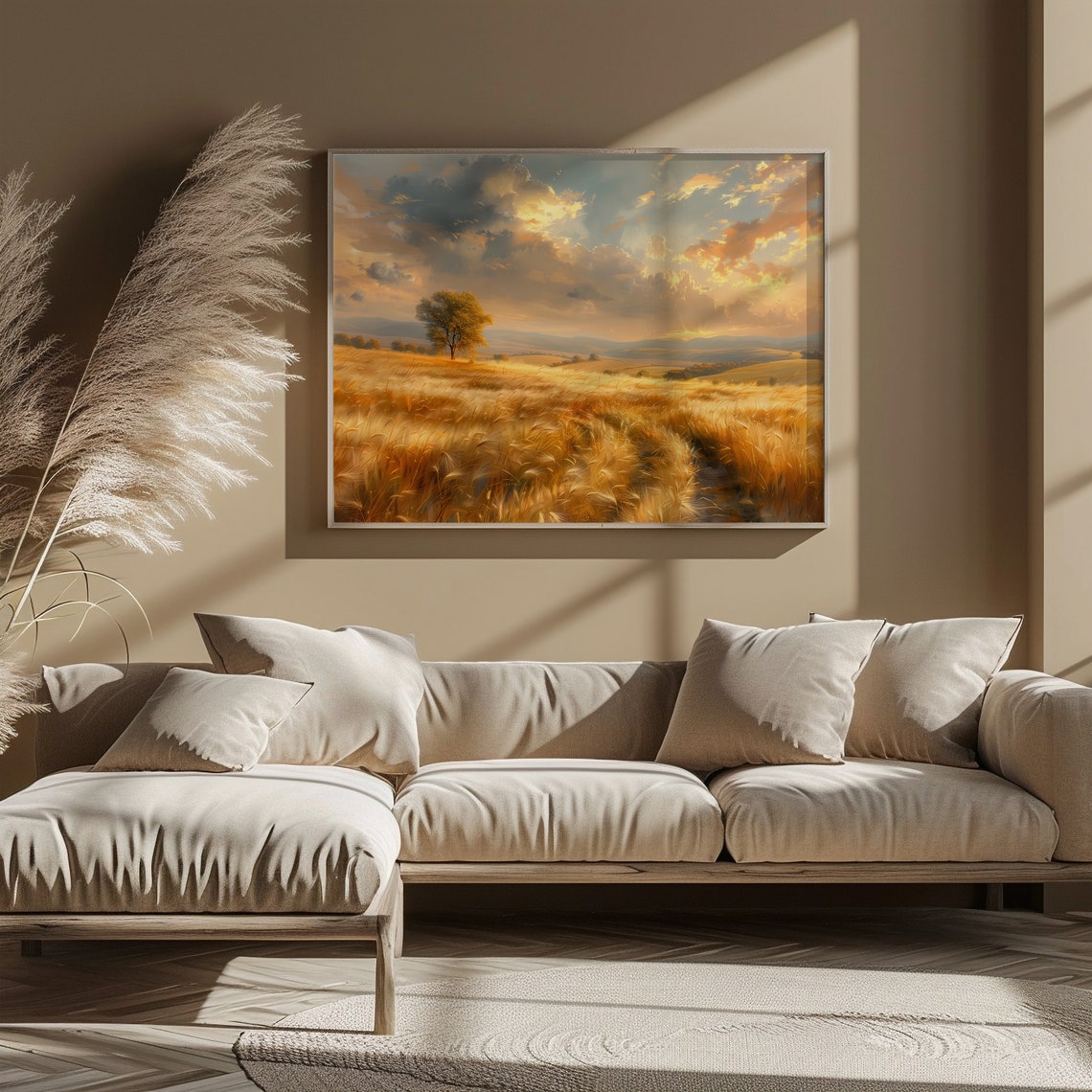 Golden Wheat Field Sunset Lone Tree Harvest Landscape Painting Print - Image 3
