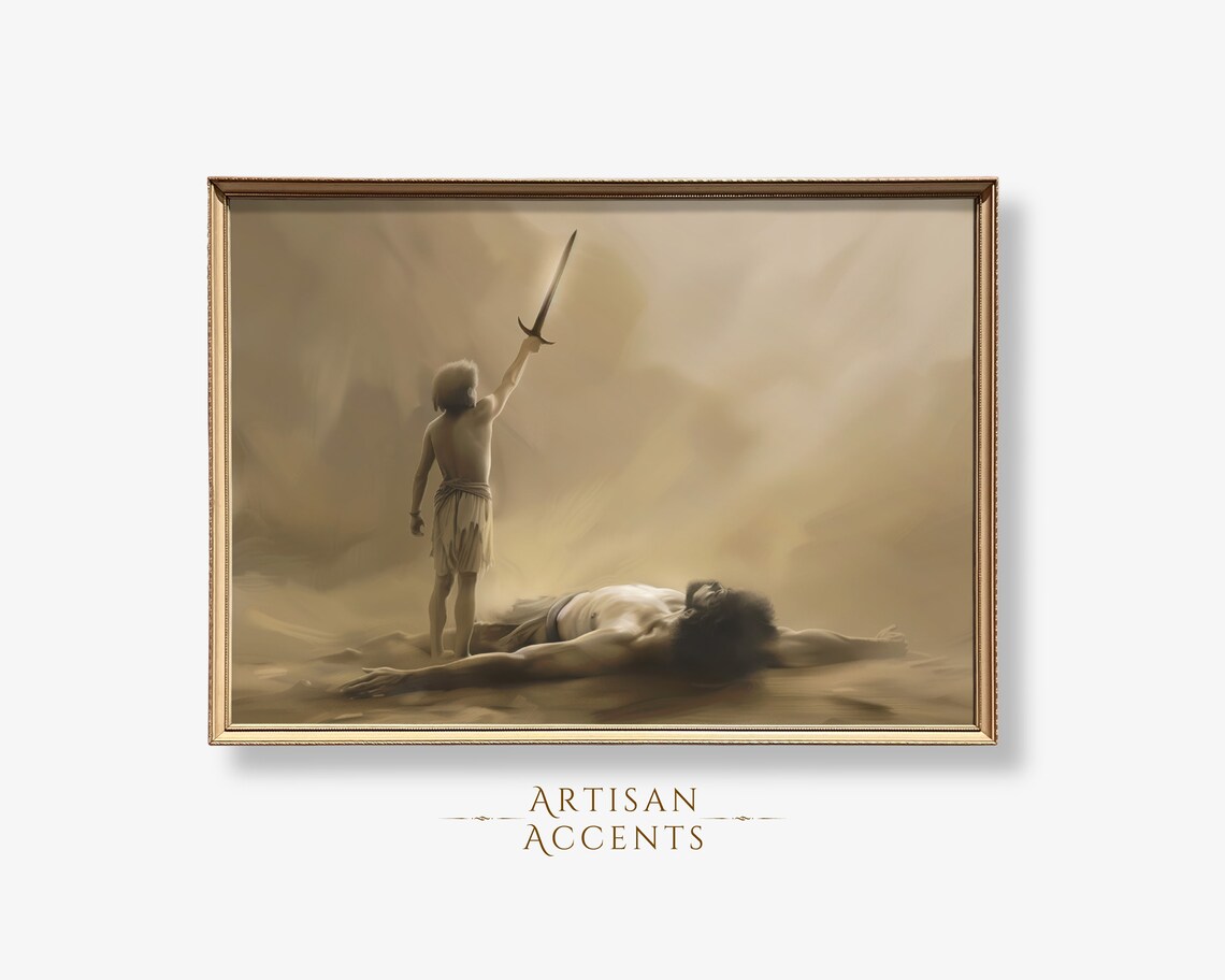 David Over Goliath Raised Sword Biblical Victory Neutral Christian Art Poster