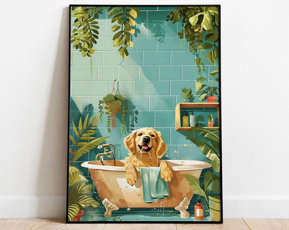Golden Retriever Pet Dog In A Bath Wall Art Funny Pet Poster Printable Art Dog Lover Gifts Maximalist Wall Artbathroom Wall Art
