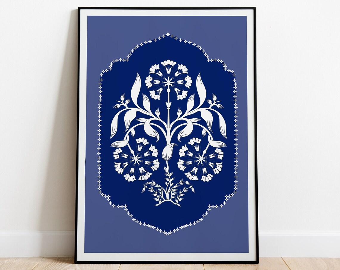 White on Blue Mughal Floral Medallion in an Arch Frame Art Poster