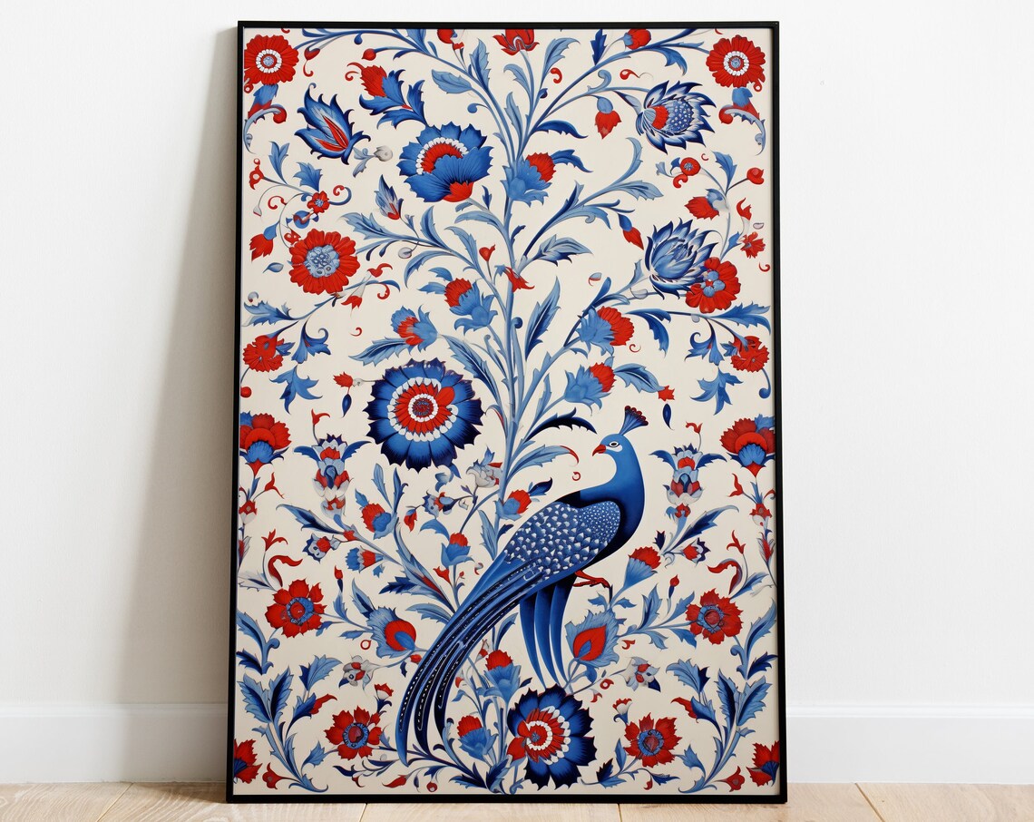 Turkish Tree Of Life Bird Iznik Floral Folk Art Vintage Poster