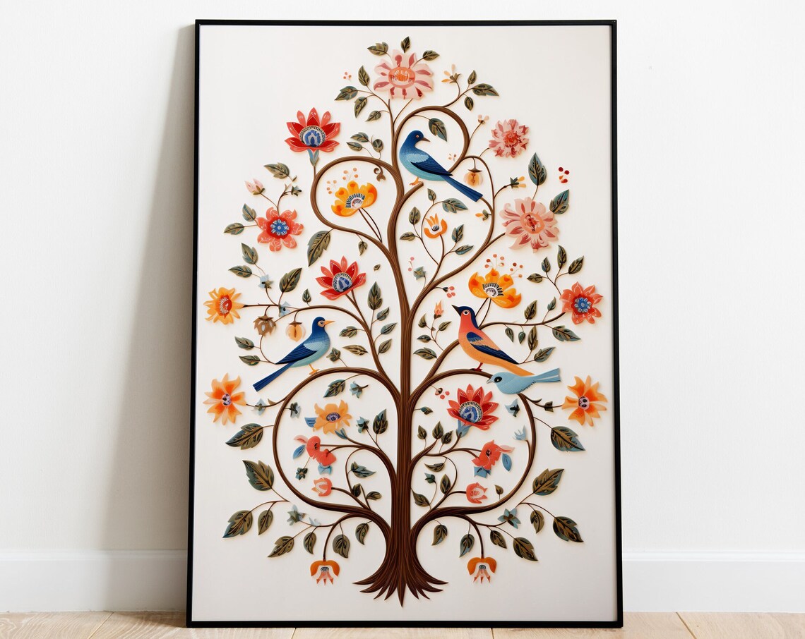 Indian Tree Of Life Floral Birds Nature Poster