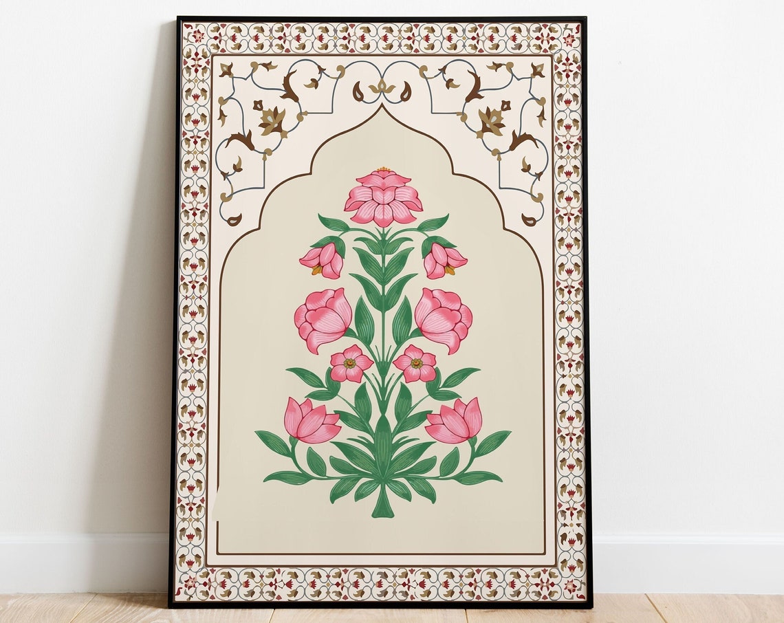 Pink Mughal Tulip Bouquet Arched Niche Indian Floral Art Poster