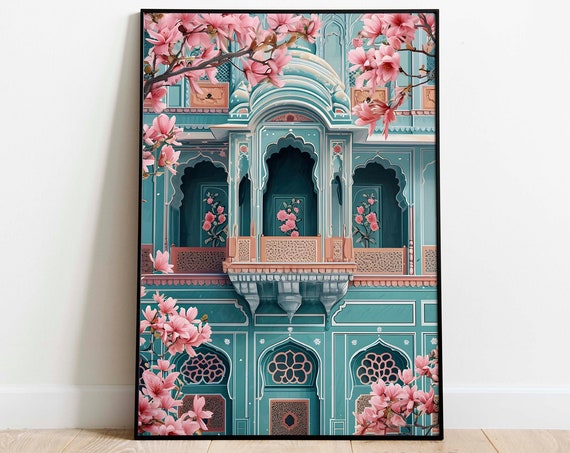 Blue Fort Pink Cherry Blossoms Whimsical Indian Palace Jaipur Poster Rajasthan Palace Living Room Decor India Travel Decor
