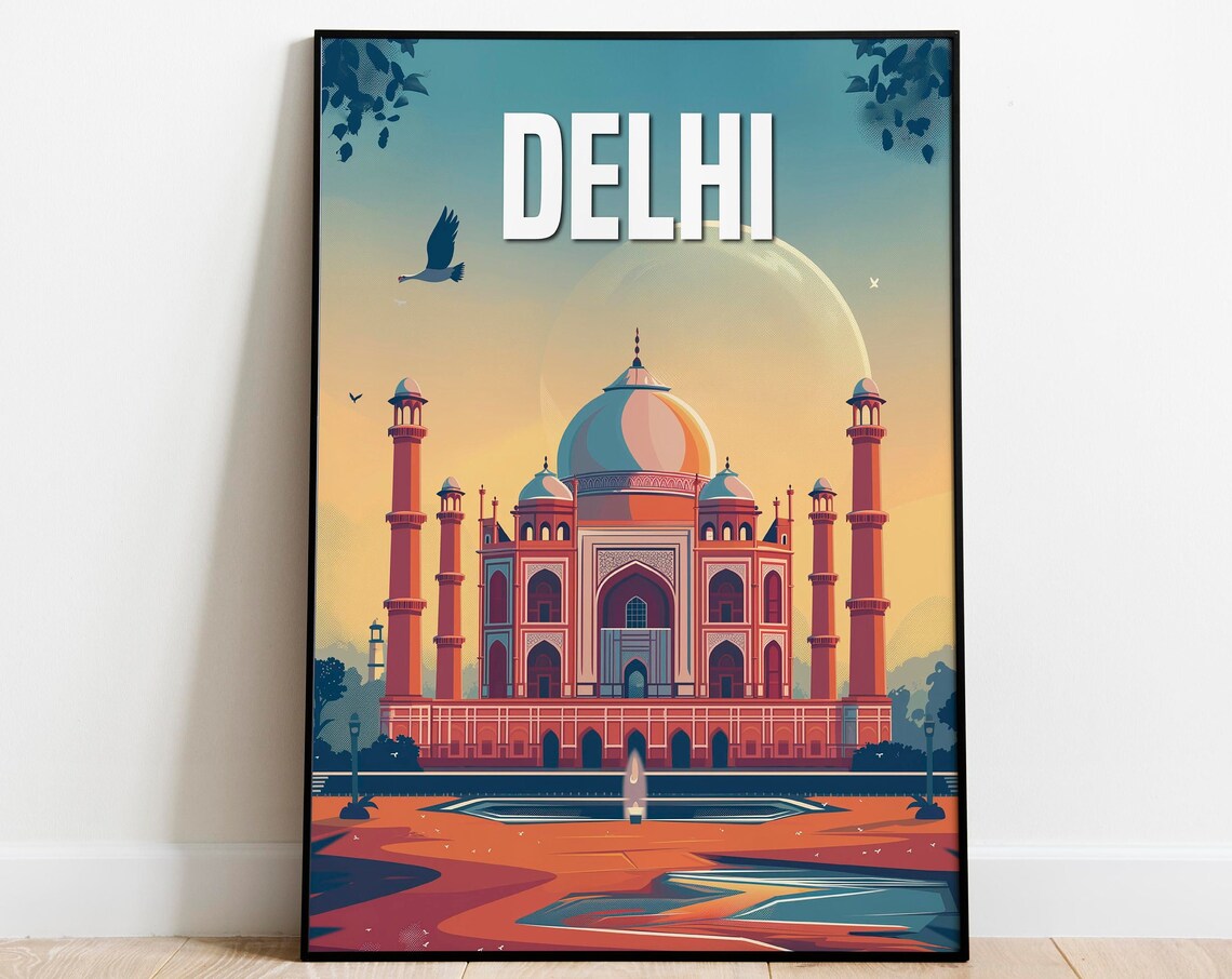 Delhi Taj Mahal Golden Sunrise Vintage Style Travel Art Poster